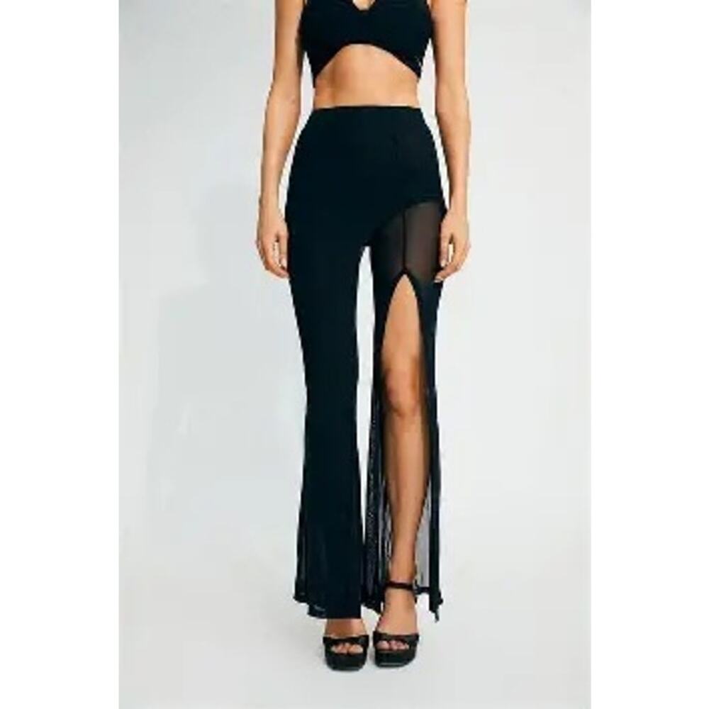 EGO Mesh Flared Pants Split Leg One Sheer Black High Rise NWT Sz 10 M High Rise
